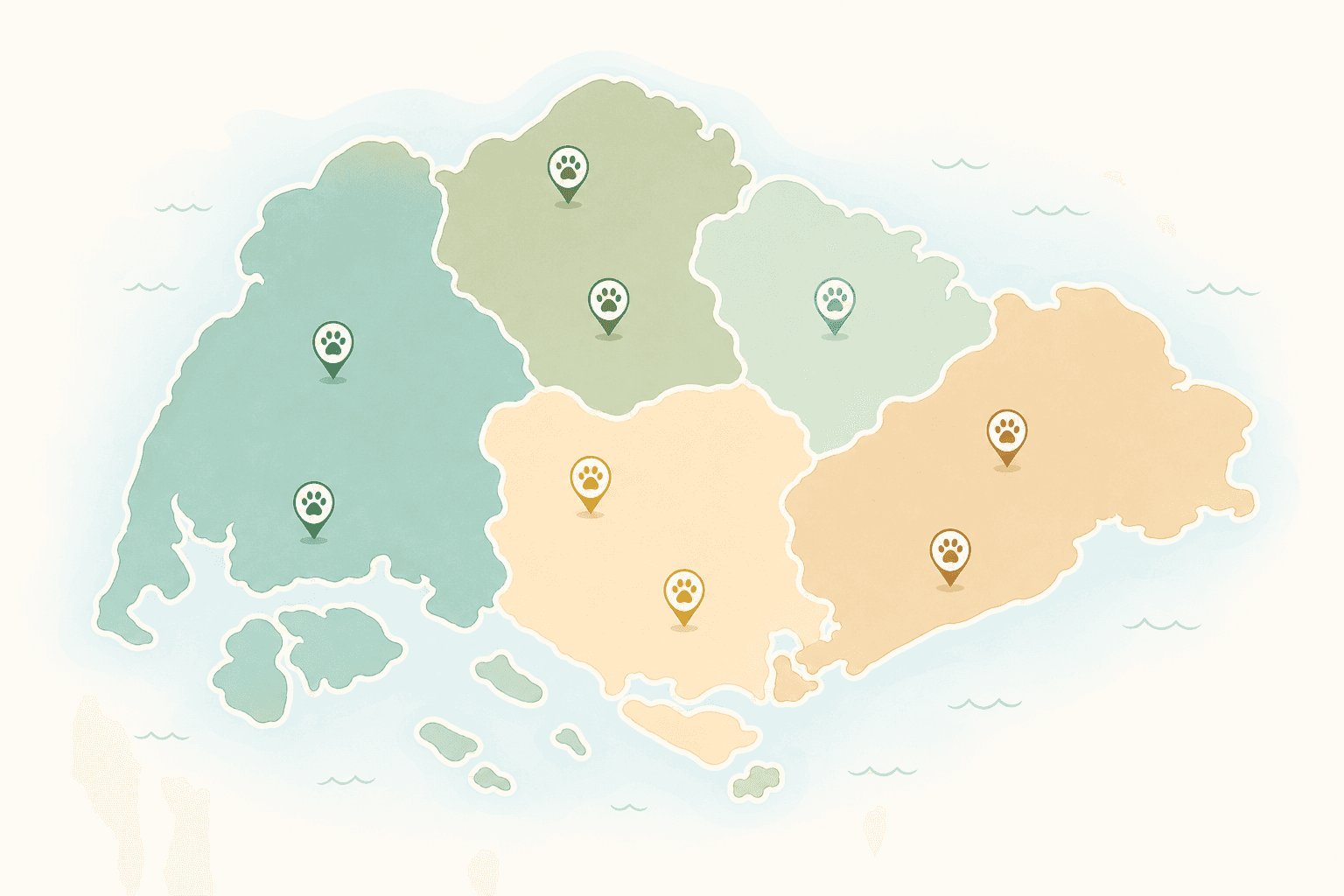 Illustrated map of Singapore regions for finding vet clinics open on Sunday