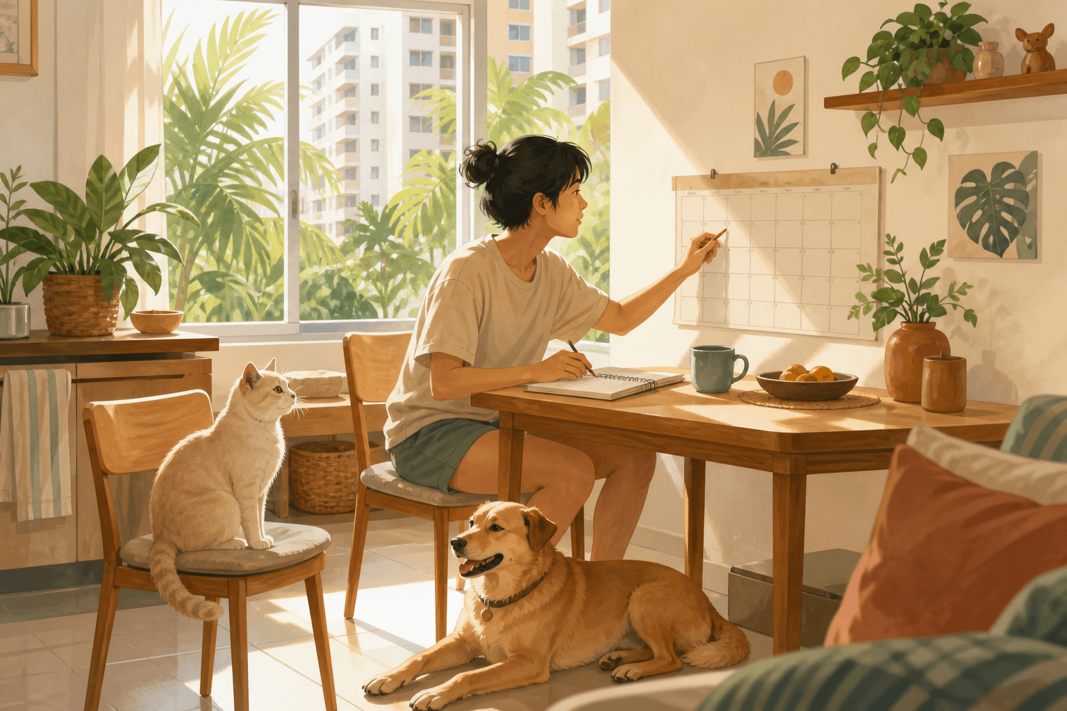 Pet owner calmly planning a Sunday vet clinic visit in Singapore with a dog nearby