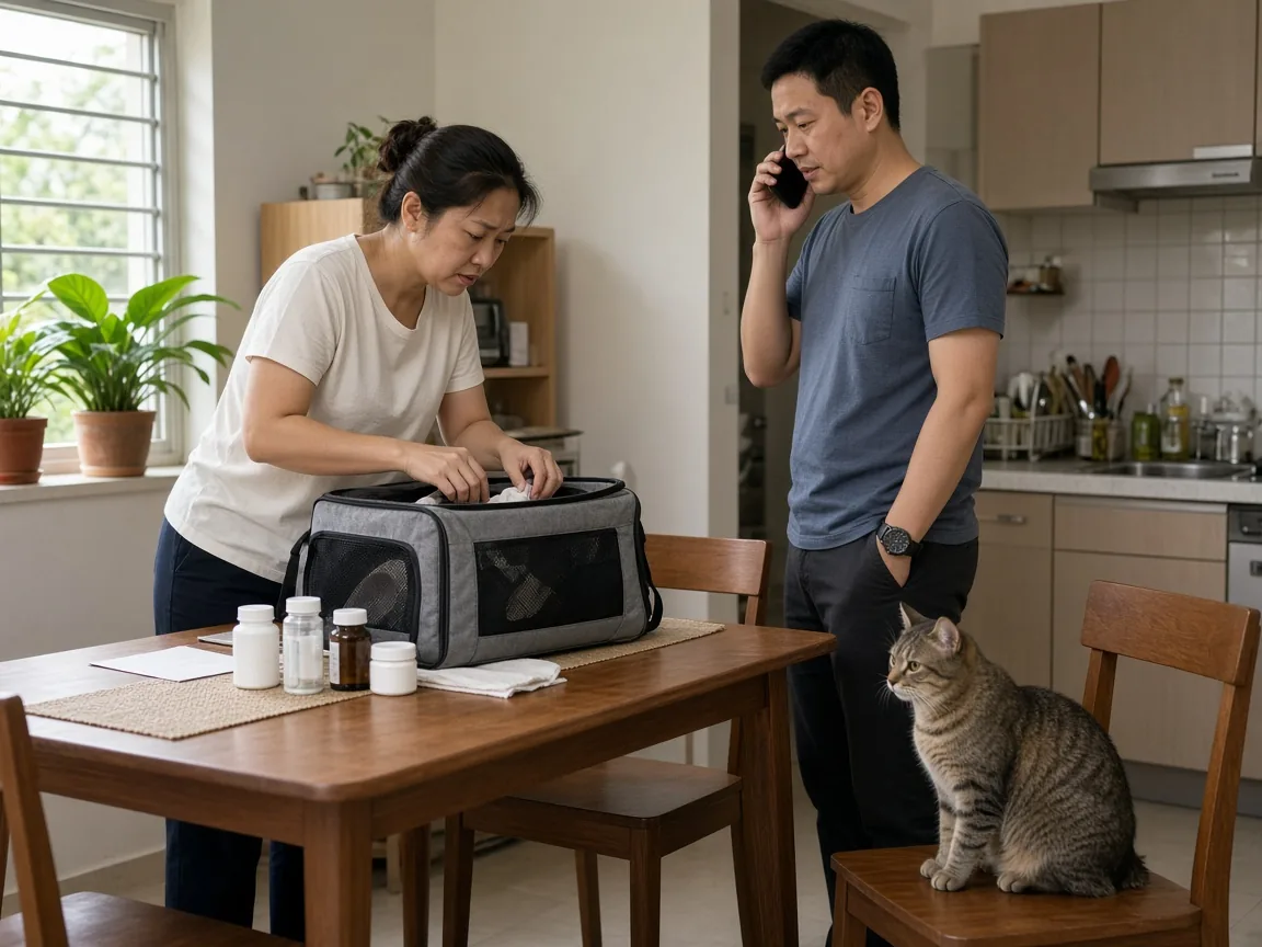 Pet owners packing a carrier and calling a clinic before a vet visit