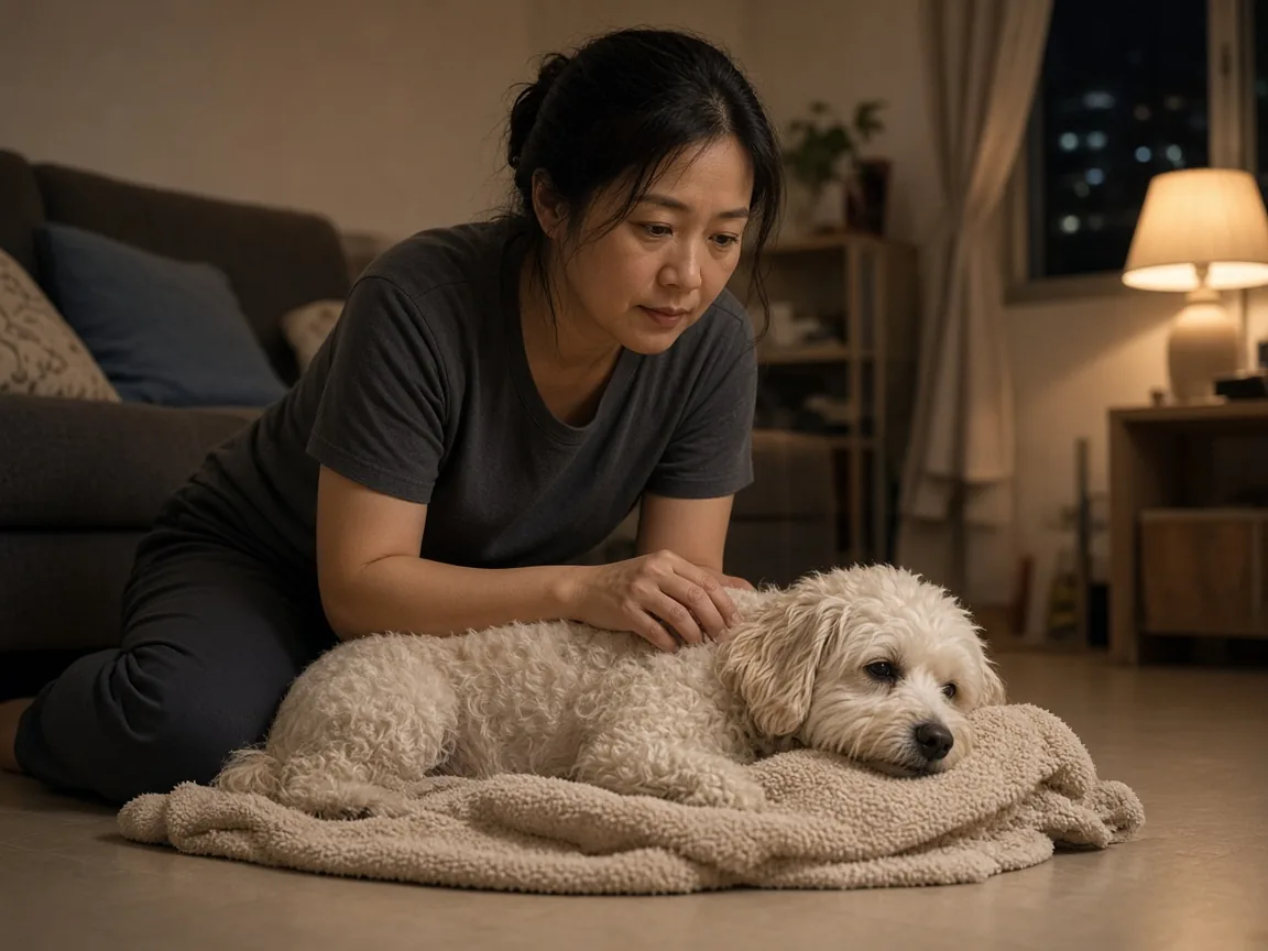 Pet owner calmly checking on a dog at home in the evening