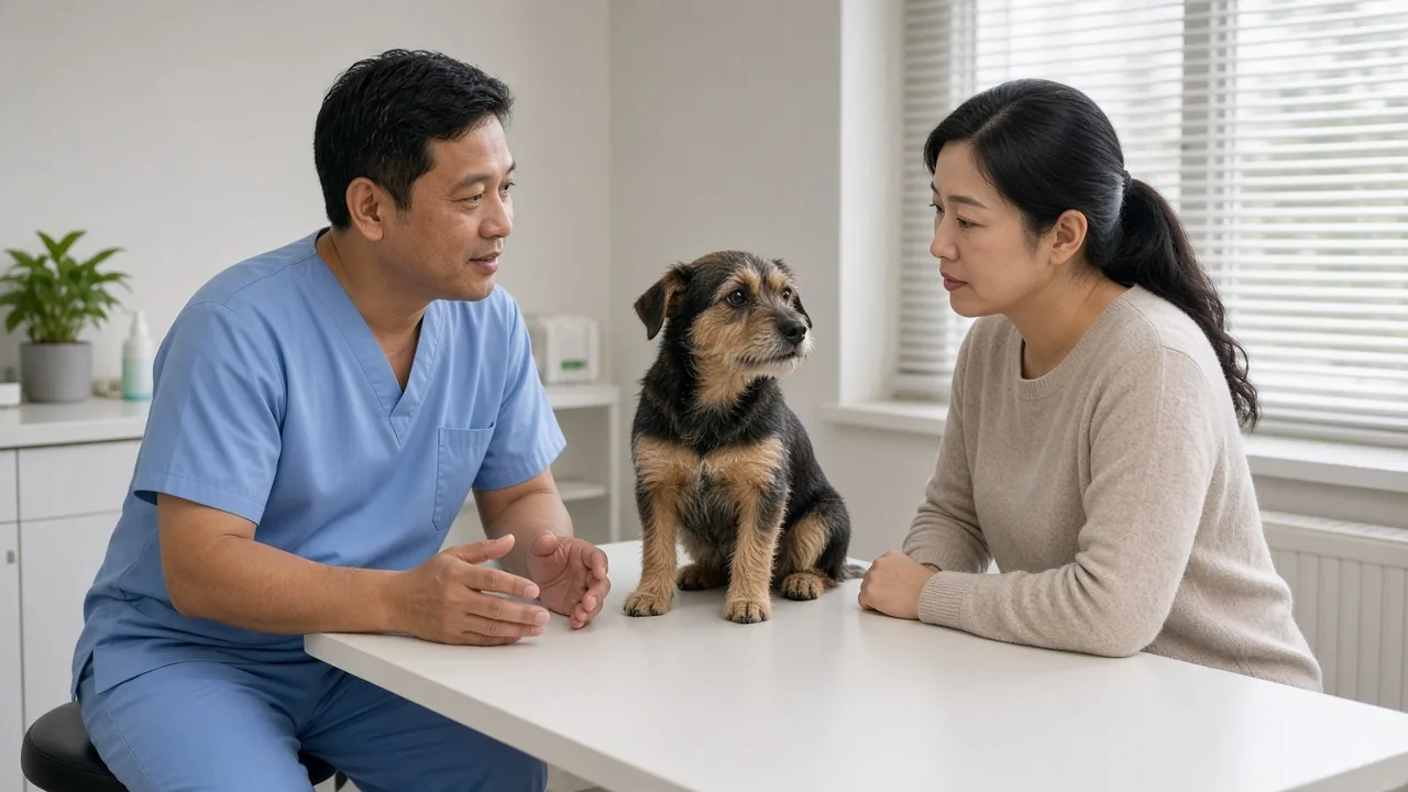 Veterinarian talking with a pet owner and a dog during a consultation