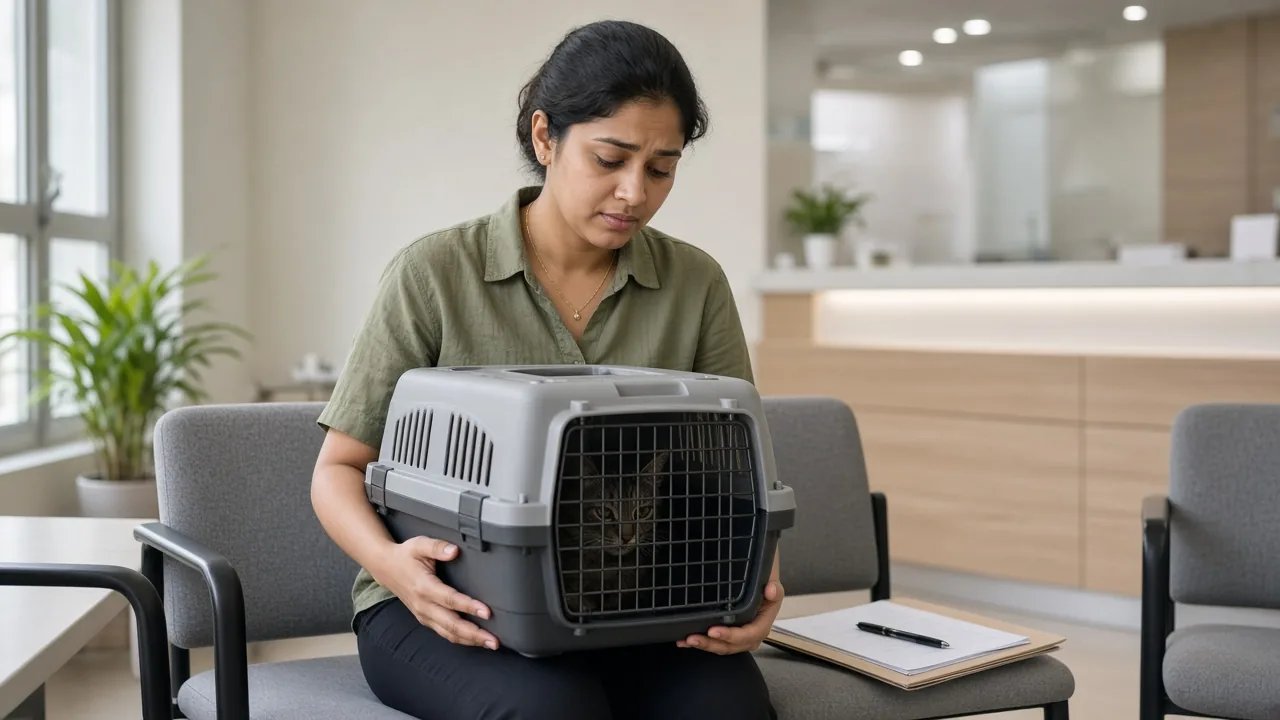 Pet owner waiting at a veterinary clinic with a cat in a carrier