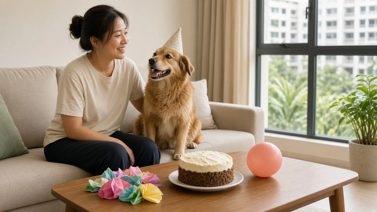 Happy pet owner celebrating her dog’s birthday with a cake at home