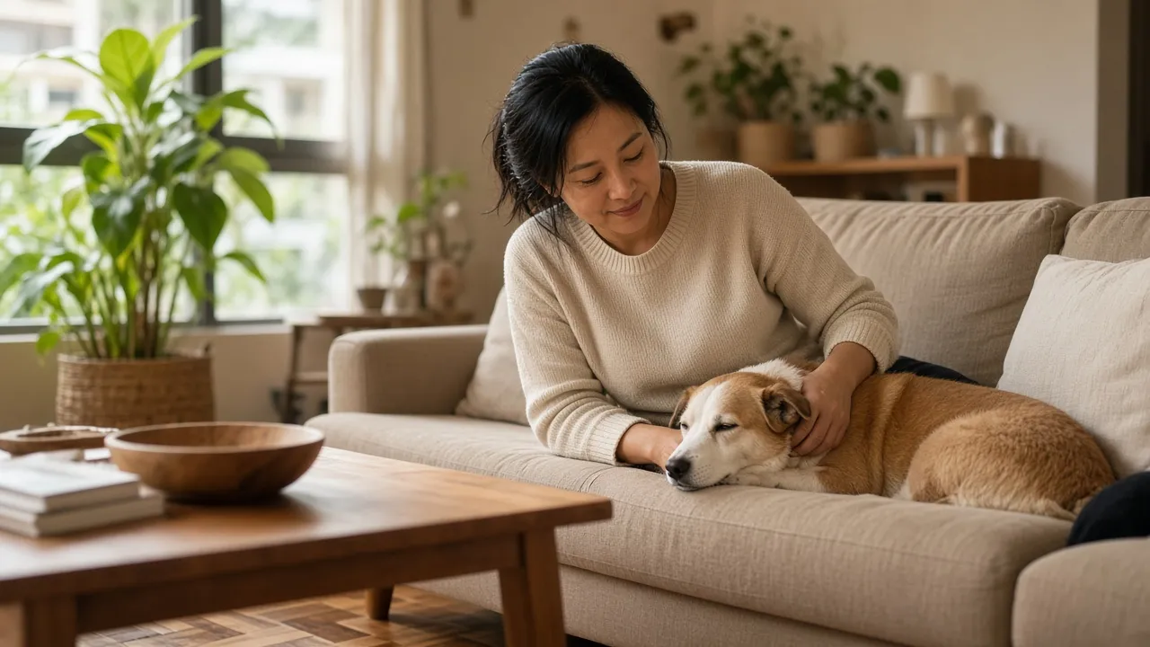 Pet owner sitting on a sofa at home in Singapore with a mixed-breed dog