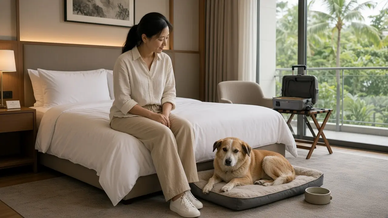 Pet owner sitting on a hotel bed with a dog on a pet bed during a Singapore staycation
