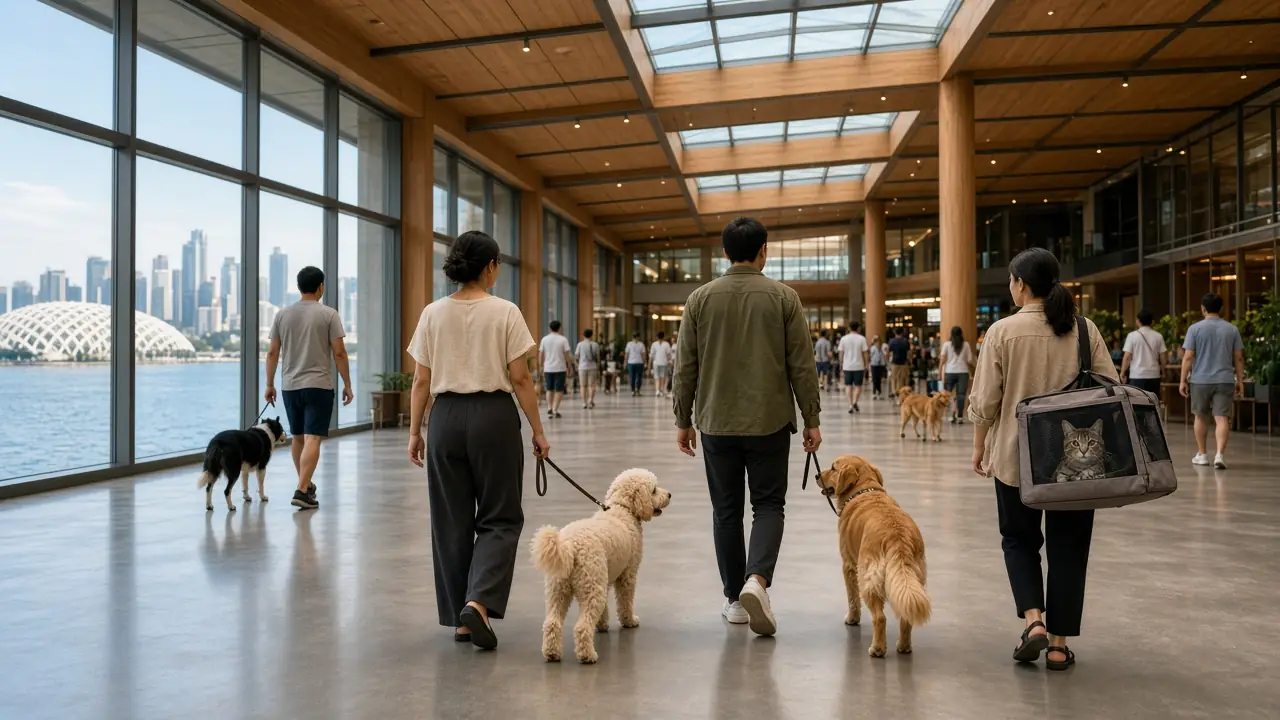 Pet owners walking dogs through a glass-walled convention hall by the water