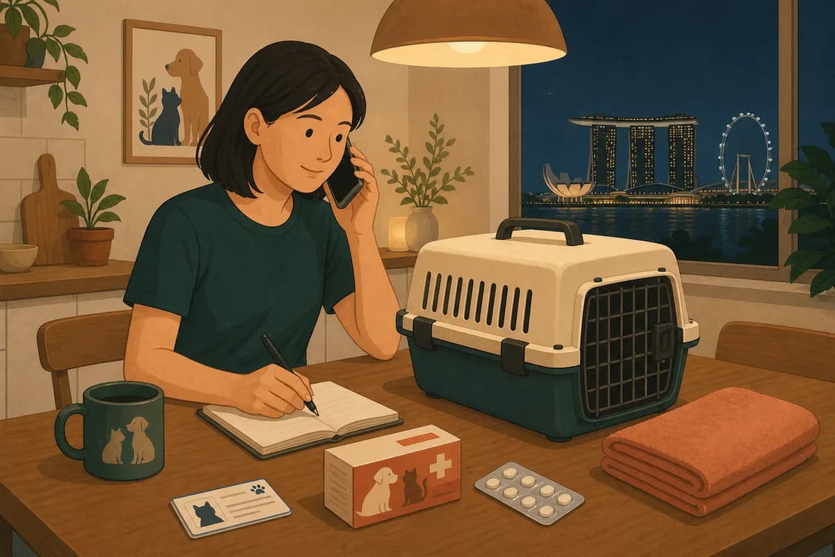 Pet owner calling a 24 hour animal clinic in Singapore while packing a carrier, medication and ID