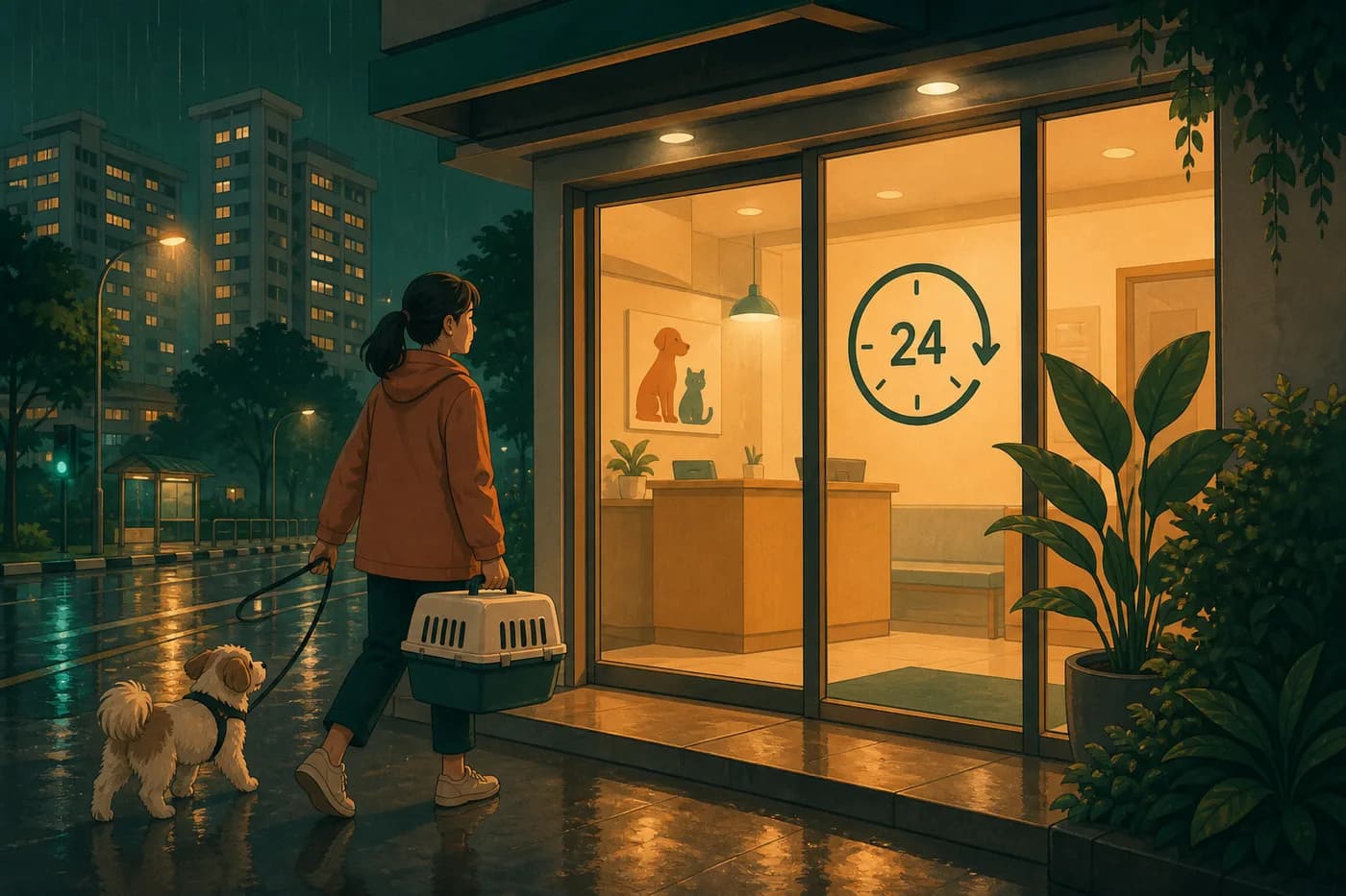Pet owner arriving at a 24 hour vet clinic in Singapore at night with a dog and a pet carrier