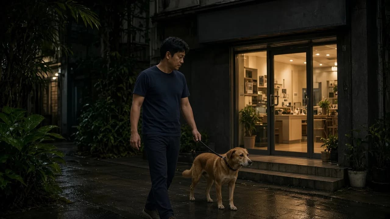 Pet owner walking a dog on a leash outside a neighbourhood clinic in Singapore at night