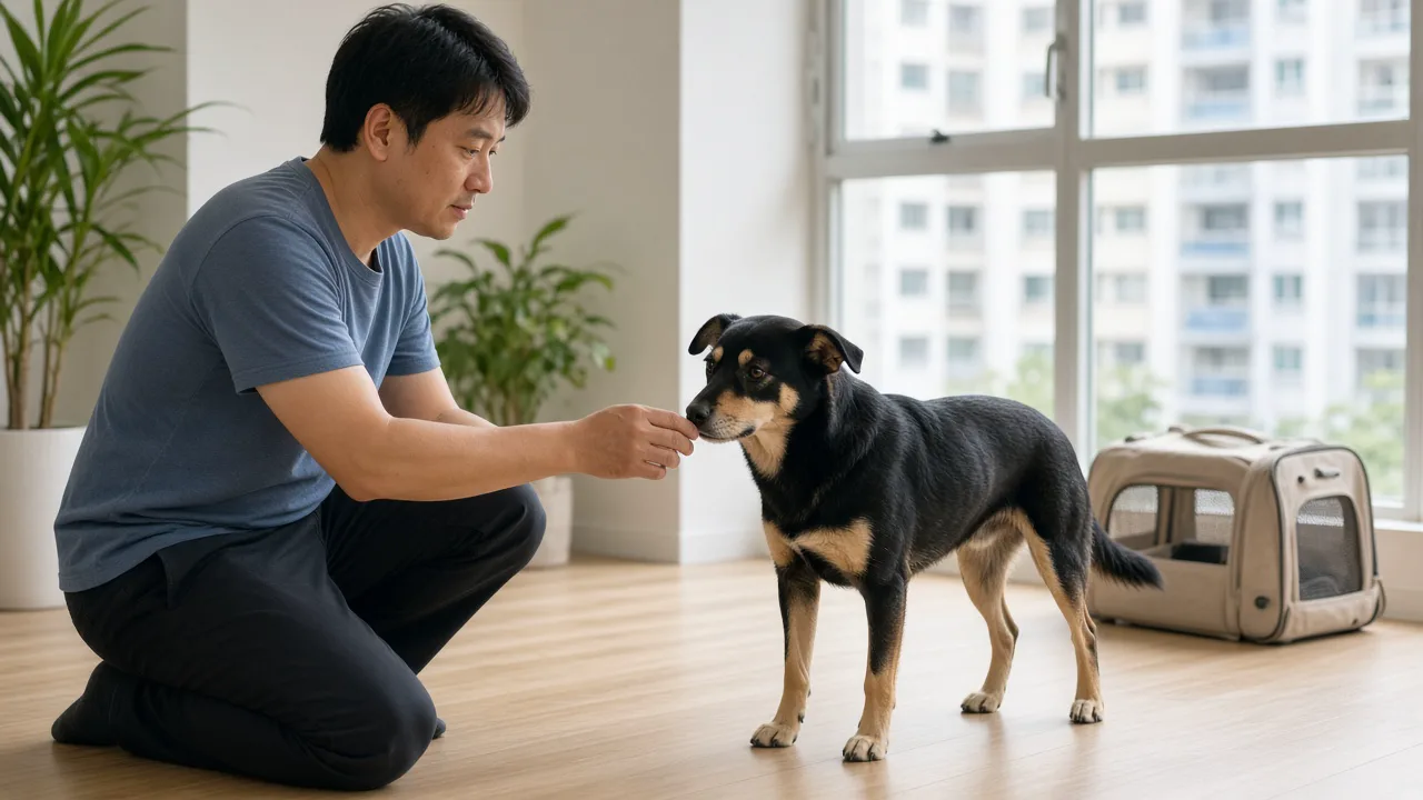 Pet owner kneeling to greet a standing mixed-breed dog in a Singapore flat
