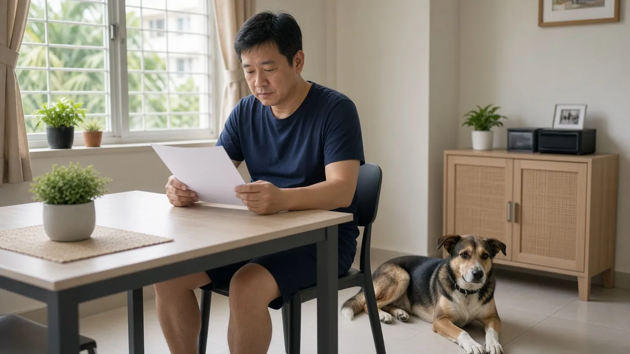 Pet owner at home with a dog, reviewing notes after a veterinary visit