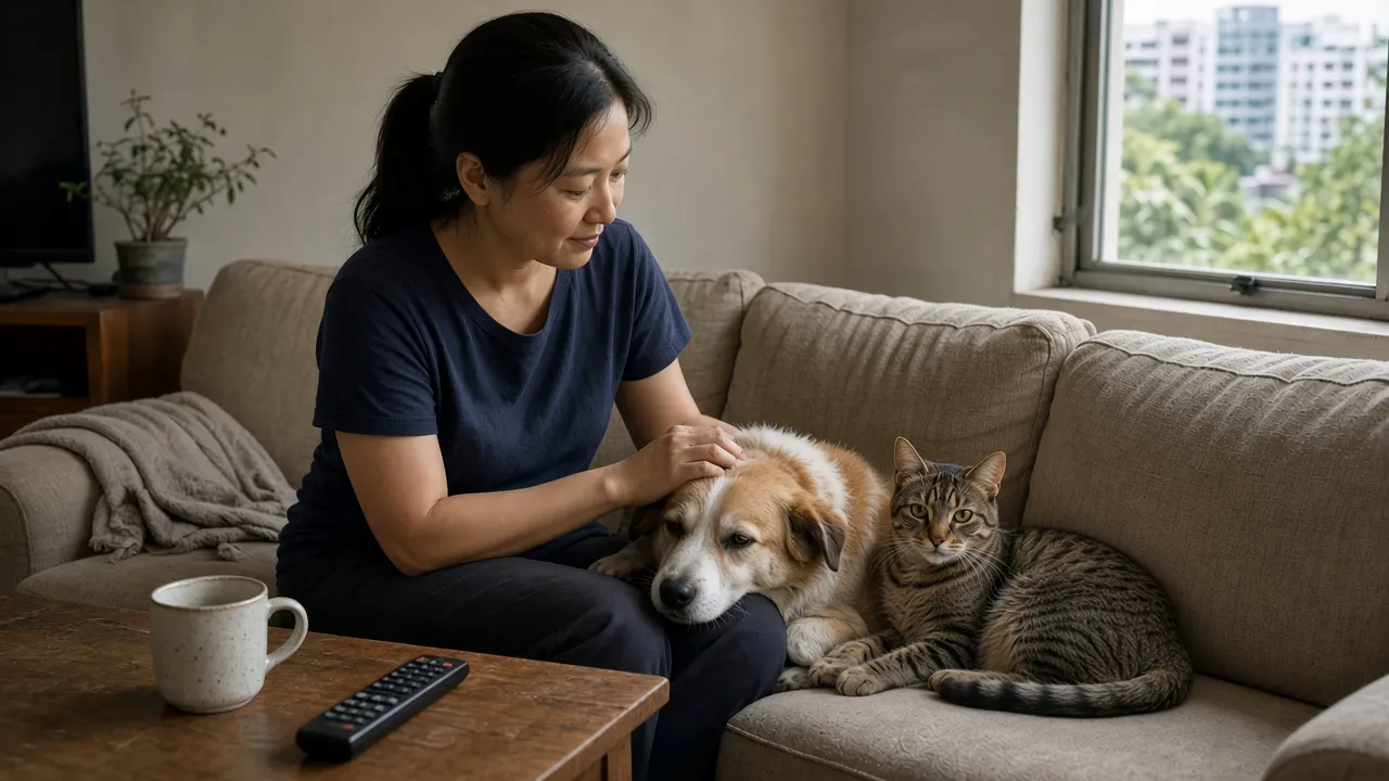 Pet owner at home in Singapore sitting with a dog and a cat on the sofa