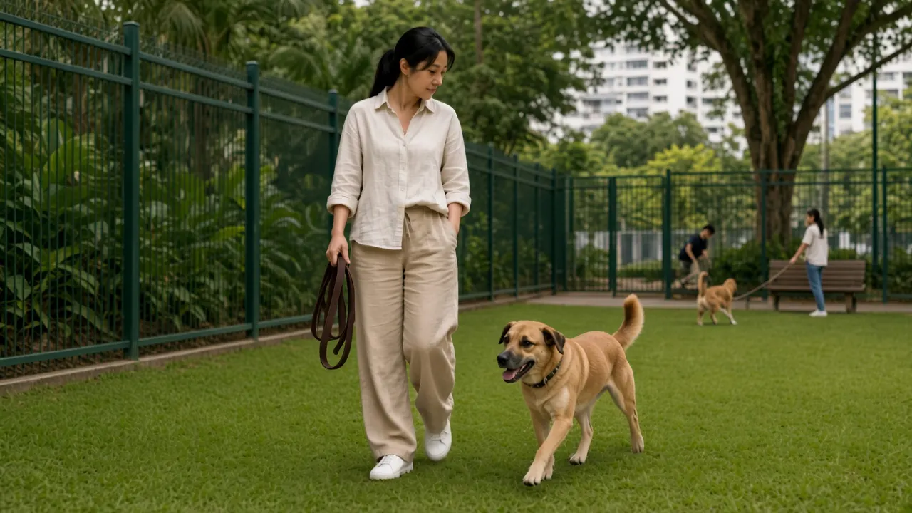 Pet owner with a dog inside a fenced dog run in a Singapore park
