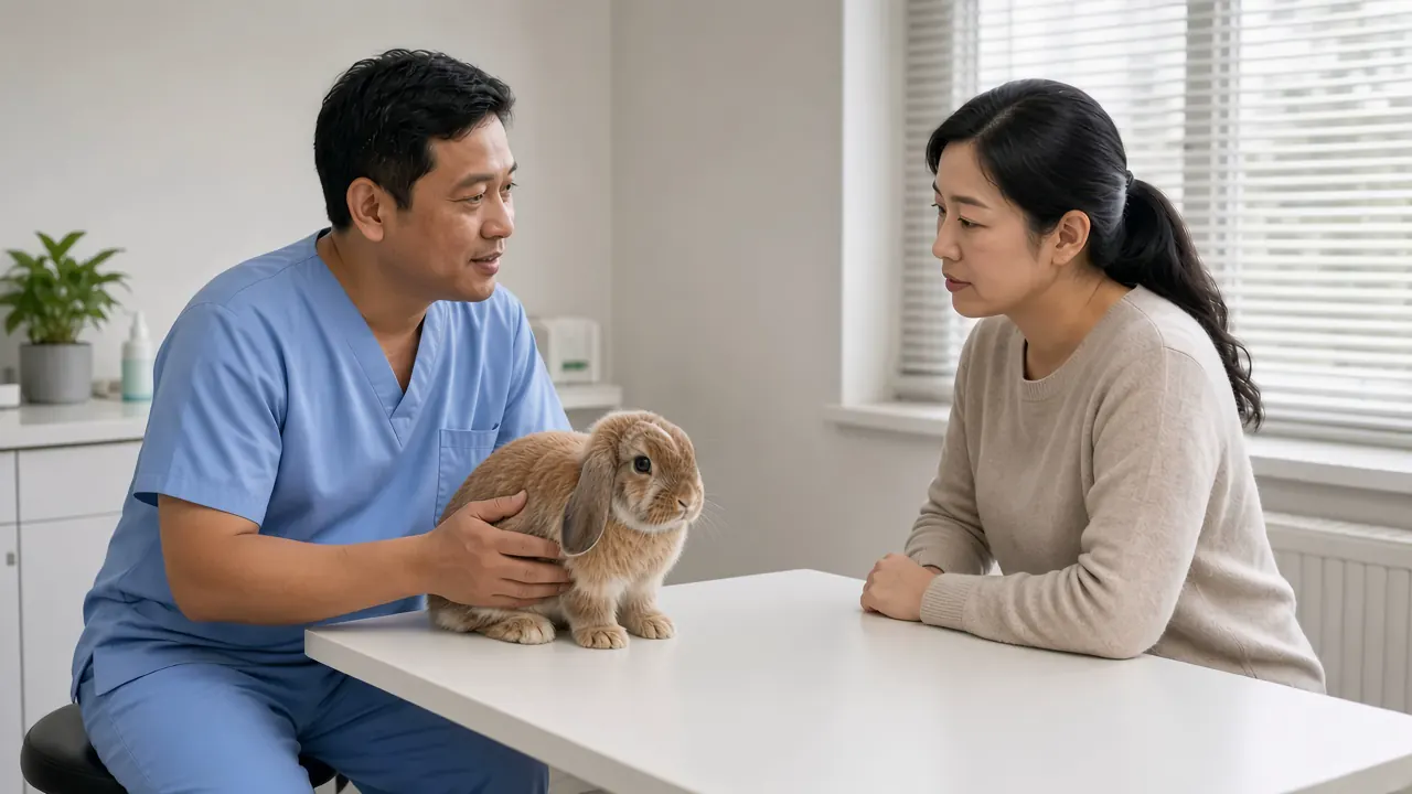 Veterinarian examining a rabbit with a pet owner during a consultation