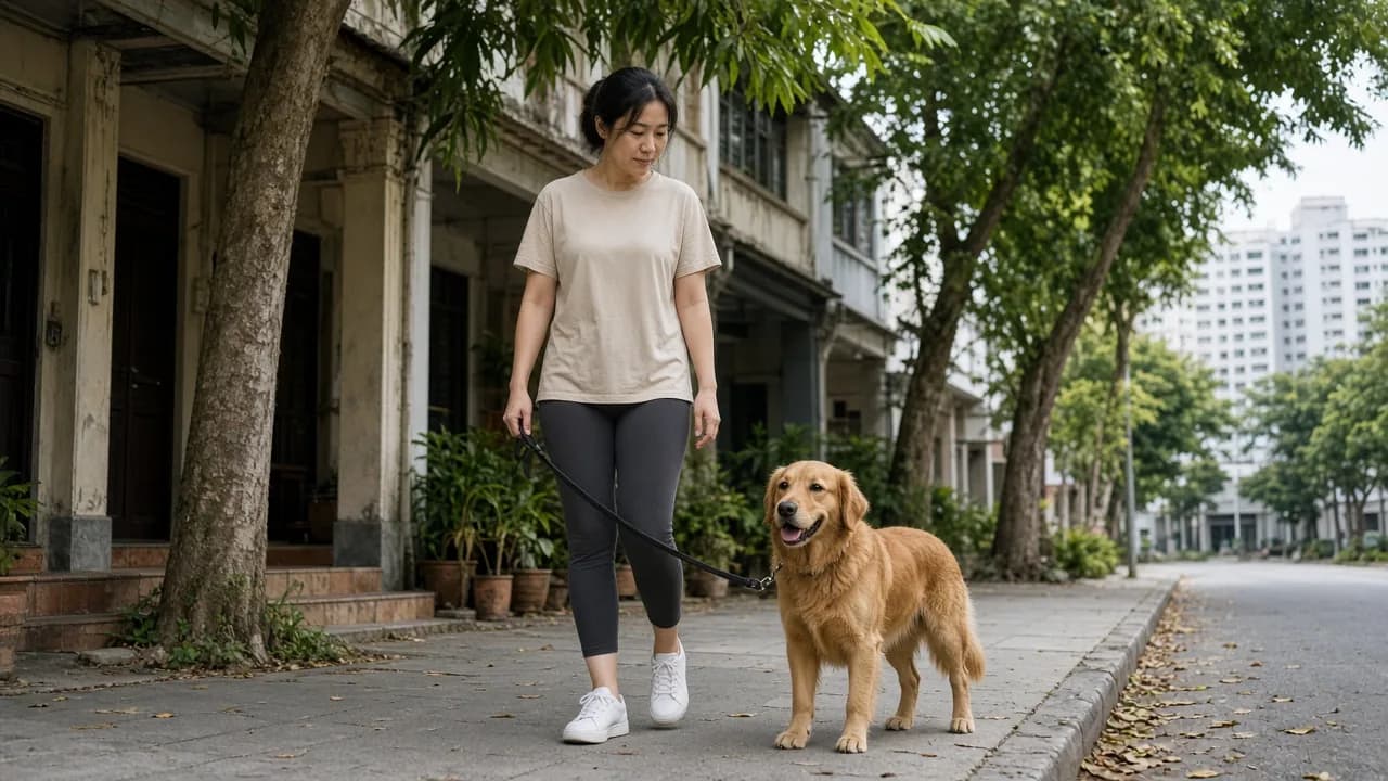 Pet owner walking a dog in a Singapore neighbourhood on the way to a vet visit