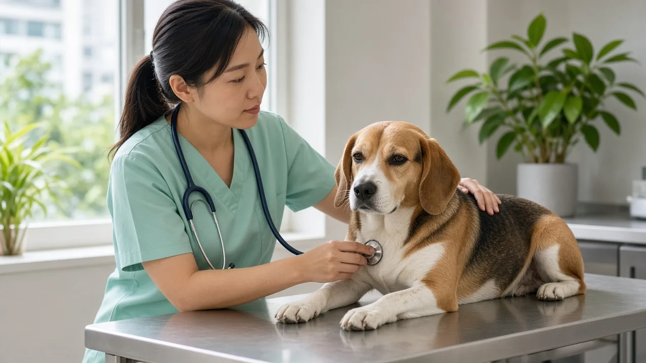 Veterinarian examining a relaxed dog during a routine clinic visit
