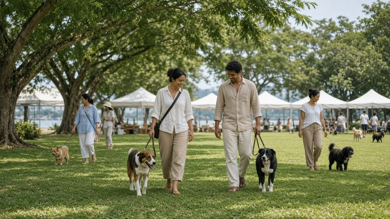 Pet owners walking leashed dogs past canopy stalls on a tropical lawn
