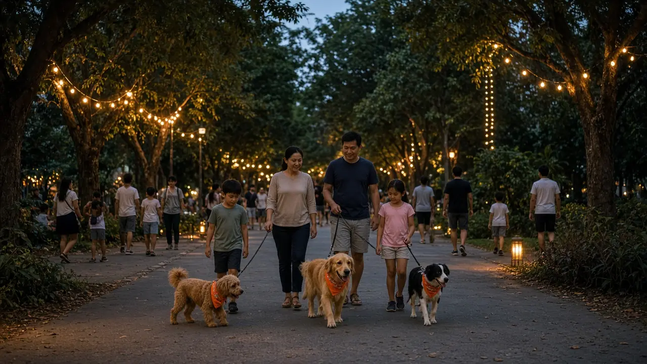 A family walking dogs in orange bandanas under string lights in a park at dusk
