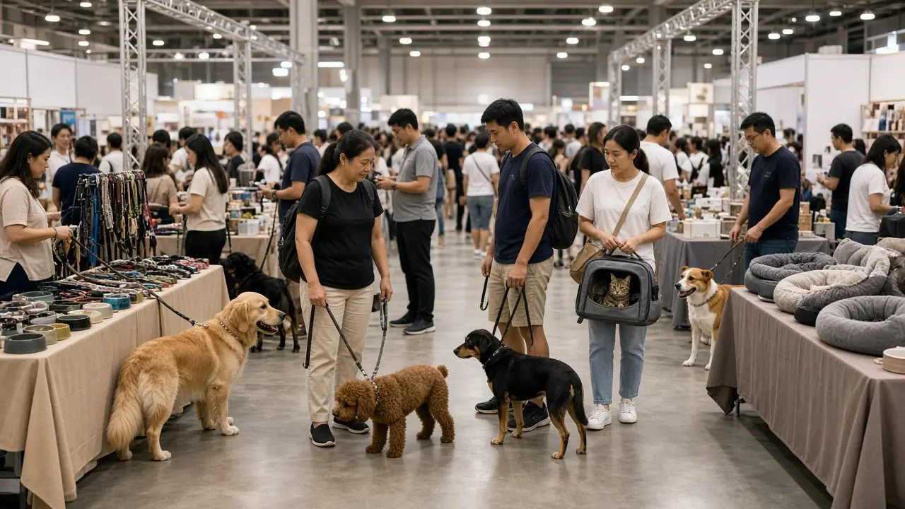 Pet owners browsing supply booths with dogs and a cat at an indoor expo