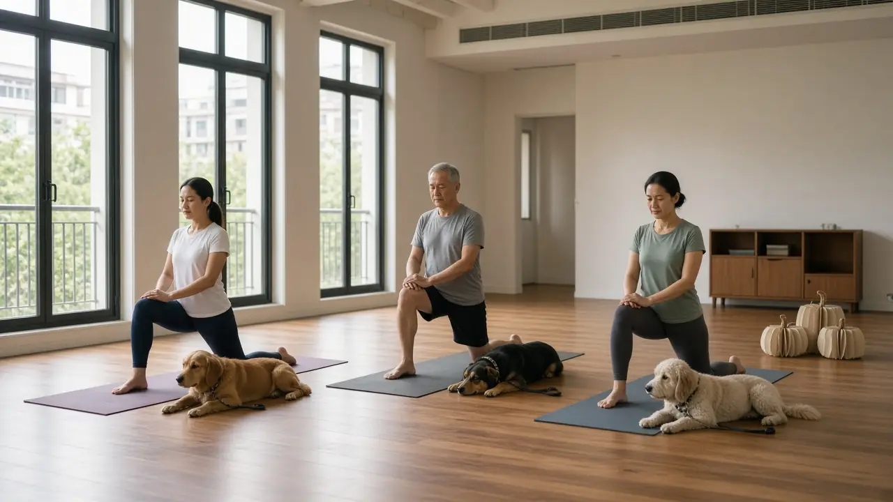 Adults practising yoga on mats beside calm dogs in a bright hall